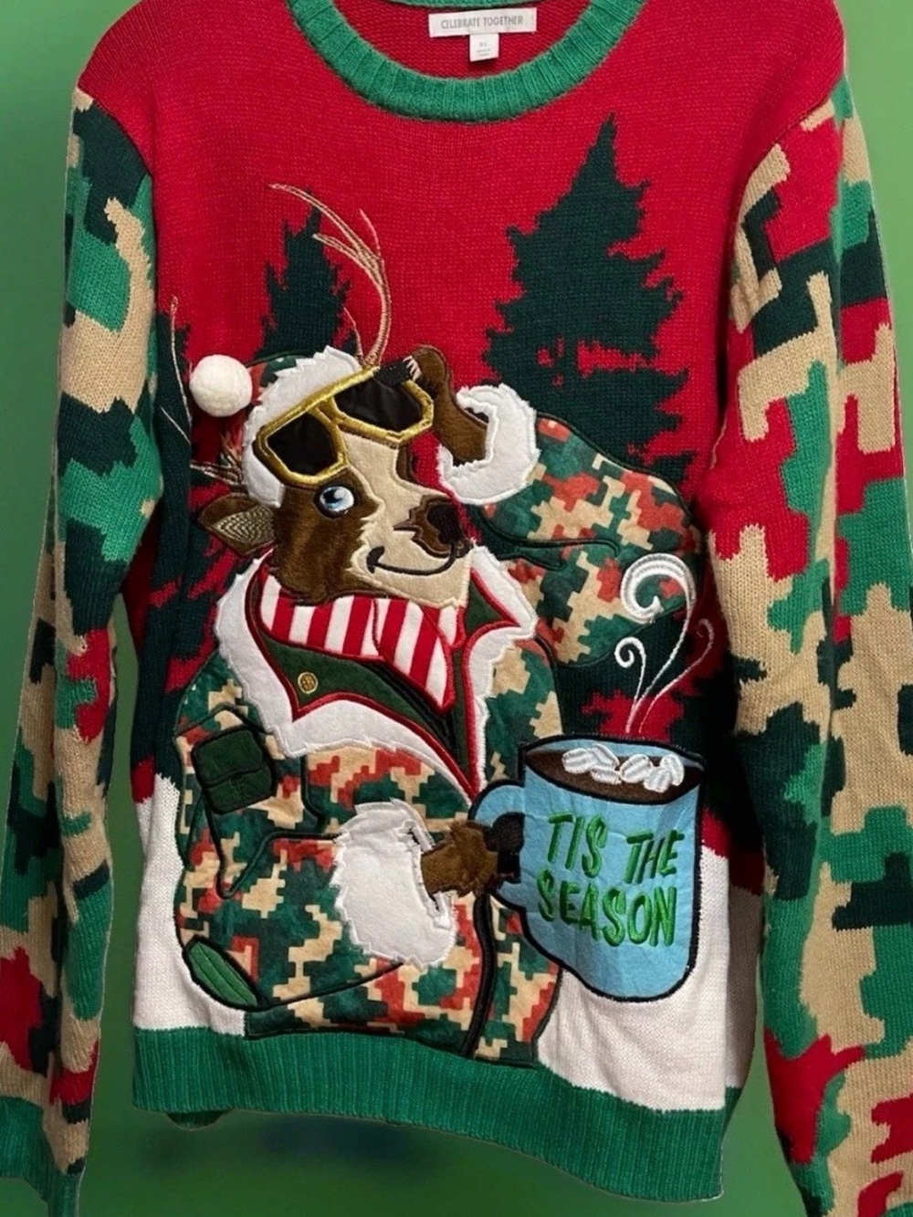 Celebrate Together Ugly Christmas Sweater Reindeer Red Green Camouflage Men's XL